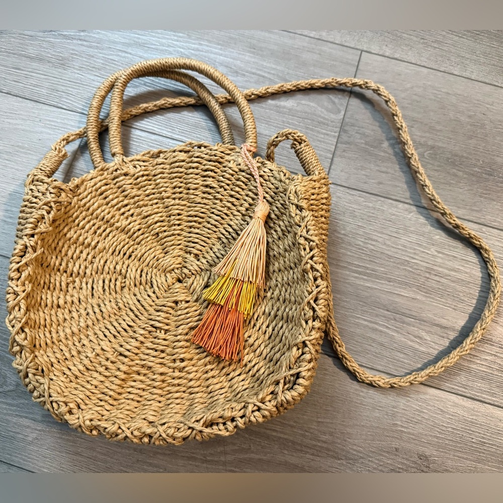 Tan Woven Crossbody Bag with Tassel